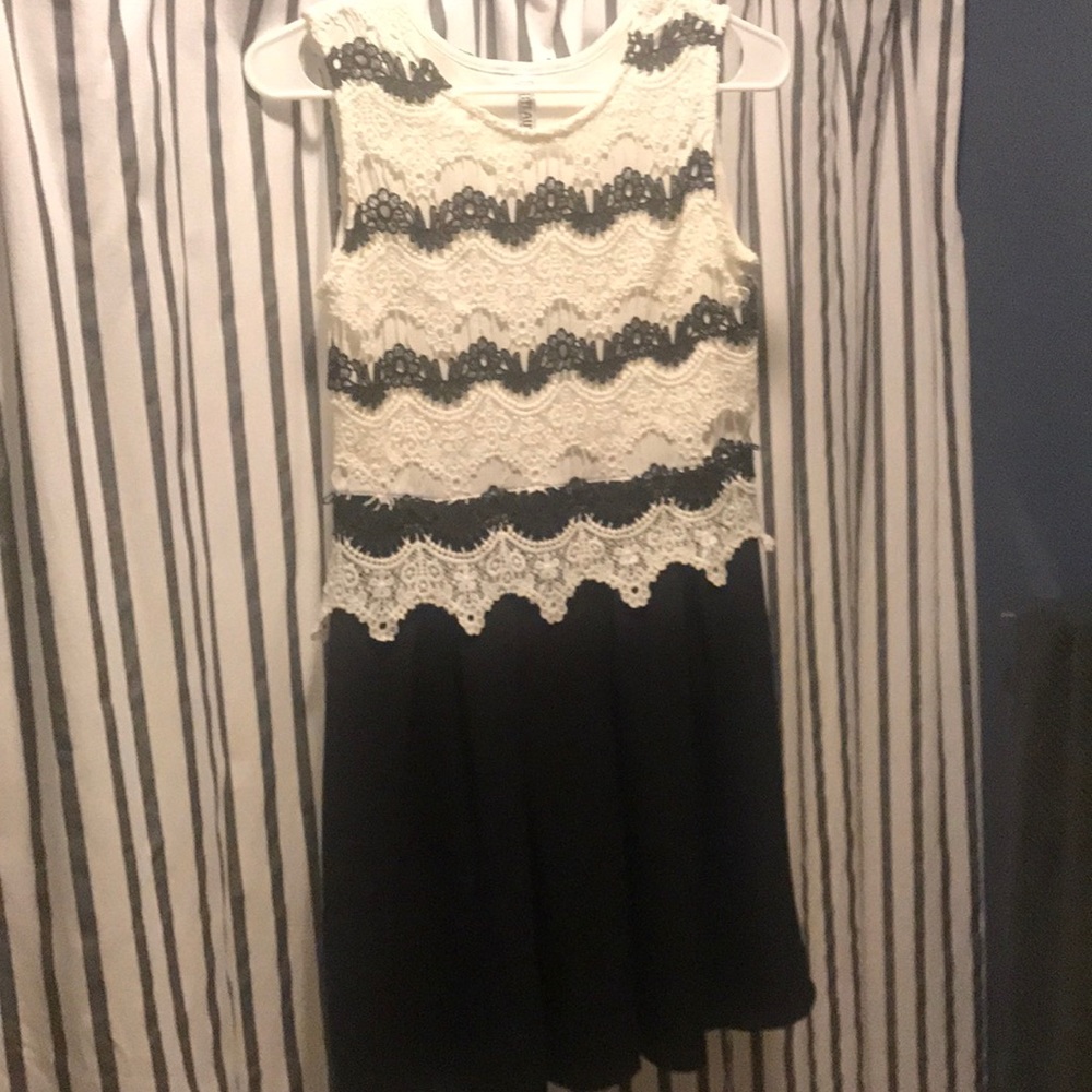 Black and white lace bodice dress